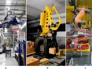 Figure 2: Examples of industrial robot solutions for object handling where the robot does not directly make contact with the product inside the packages. a ABB robotic palletizer IRB 660 (source: ABB Robotics); b FANUC M410-iB mixed palletizing solution (source: FANUC); and, c Depalletizing robot solution from SERFRUIT (source: SERFRUIT)